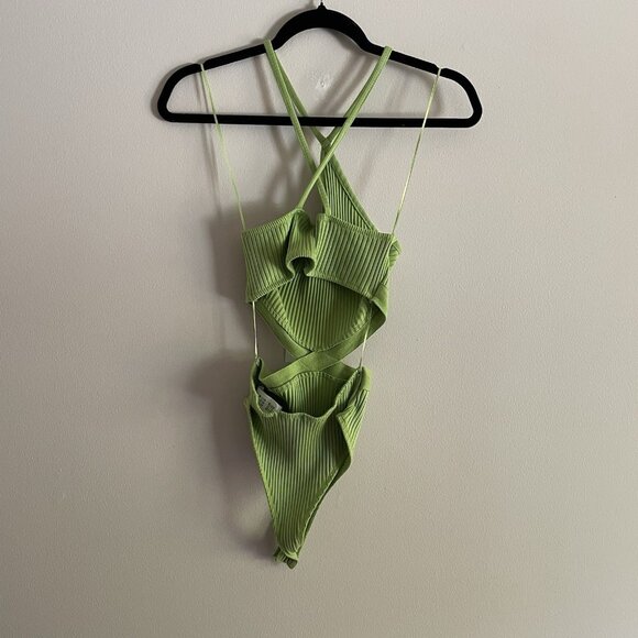 Zara Women S Green Ribbed Stretch Y2K Sleeveless Halter Neck Cutout Bodysuit NWT - Picture 14 of 16